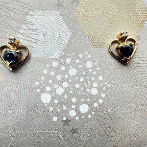 14K Yellow Gold Blue Sapphire Diamond Heart Pierced Stud Earrings Best Gift